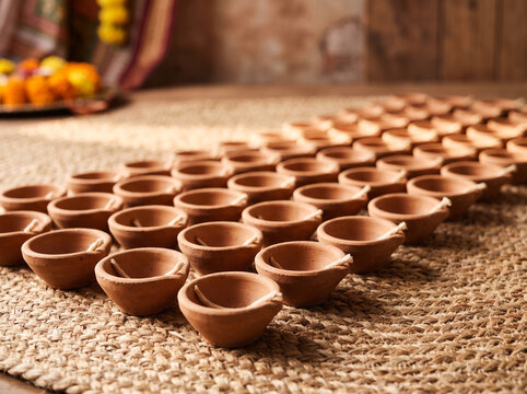 Diya oil lamps arranged on jute mat for Diwali festival decoration