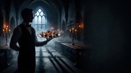 Obraz premium Silhouetted Server in Gothic Banquet Hall Holding Halloween Appetizers on Silver Platter with Dramatic Moonlight and Copy Space for Premium Event Catering Advertisement