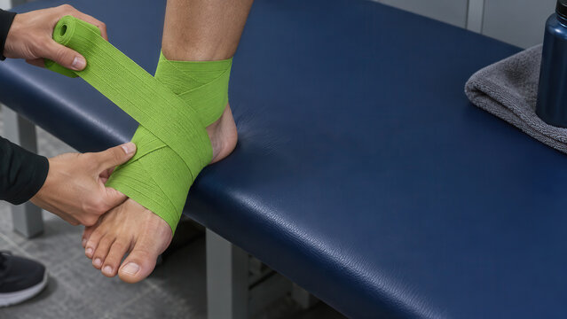 Ankle taping with green elastic bandage by athletic trainer for first aid treatment