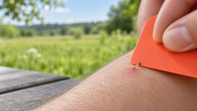 Tick removal tool extracting a stinger from skin outdoors during first aid treatment