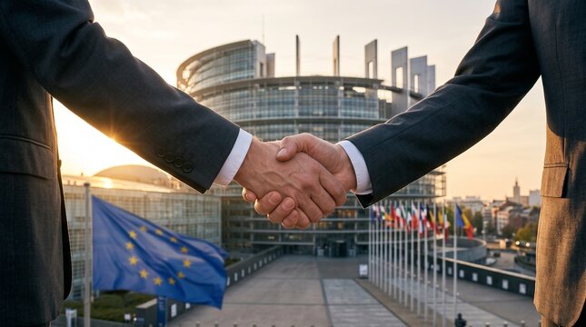 Symmetrical Executive Handshake at Sunrise in front of European Parliament and Member State Flags