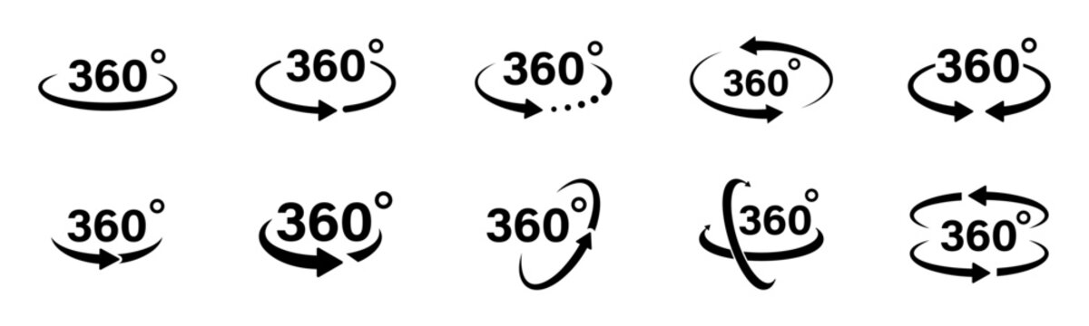 360 degree rotation icon set. Circular movement symbols for turning, spinning, navigation, panoramic view and directional control.