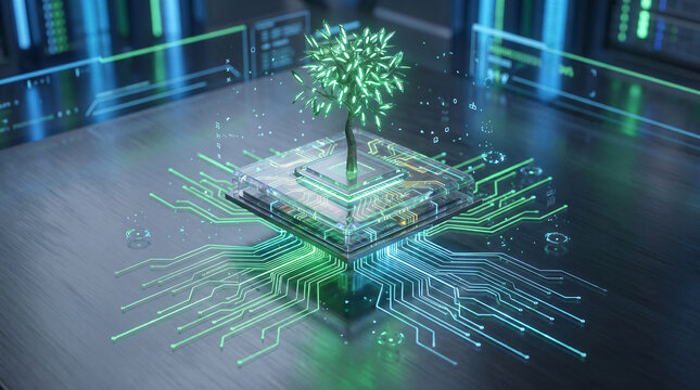 A glowing digital tree growing from a computer processor chip representing sustainable technology and environmental data science concepts