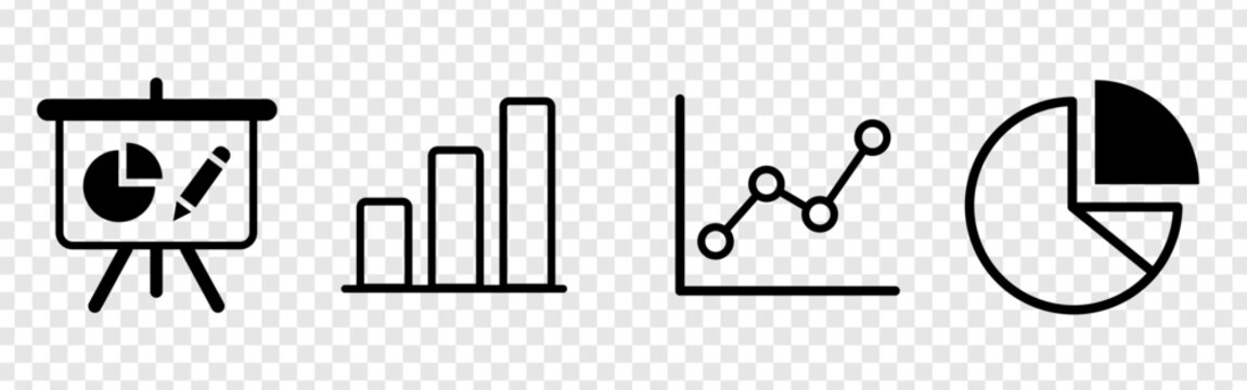 Business presentation and chart icons showing graphs and statistics. analytical visual tools for performance tracking. clear data visualization for professional reports. modern minimalist vector