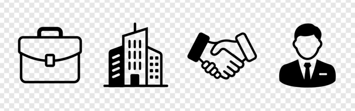 Corporate business icons set including briefcase building handshake and person. professional graphic elements for commercial projects. essential symbols for office communication. modern clean