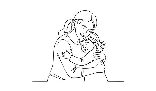 Mother and Daughter Side Hug Continuous Line Drawing Vector