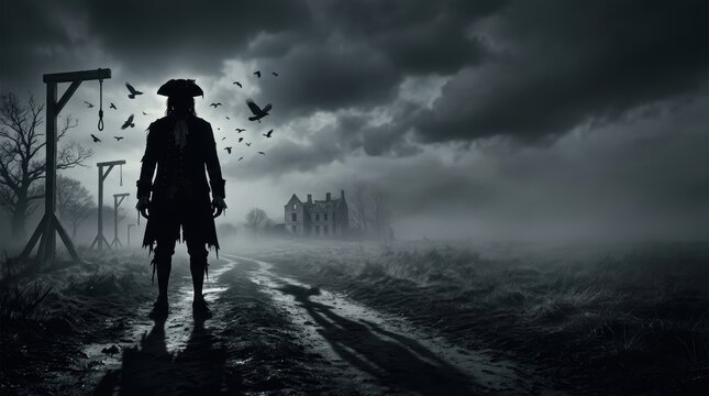Haunting Historical Horror Silhouette of 18th-Century Figure by Gallows on a Foggy Moor with Copy Space
