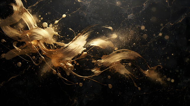 Abstract gold paint splashes and liquid ink drops on a dark black background