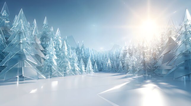 Beautiful snowy pine forest landscape with bright sunshine in the winter mountains