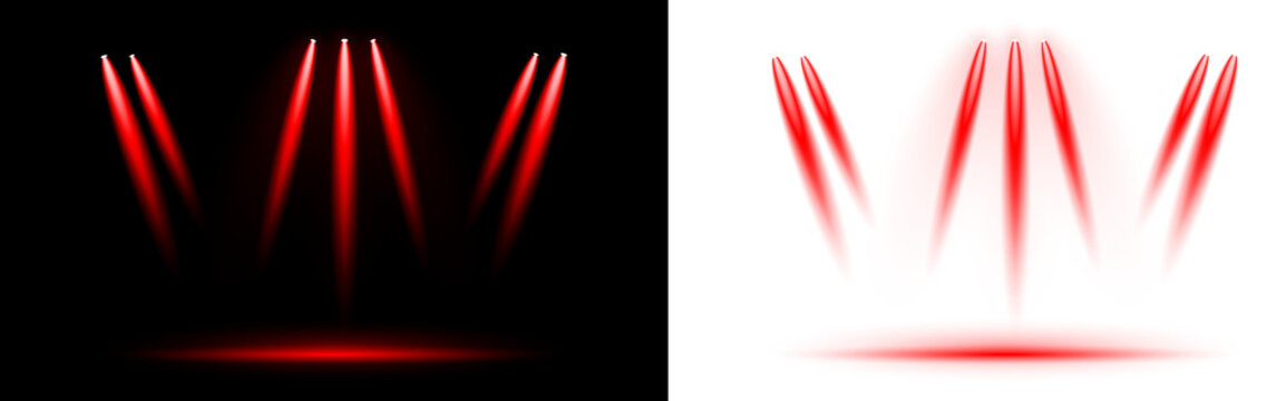 Set of red spotlights, bright stage lighting, glowing light beams on black and transparent background