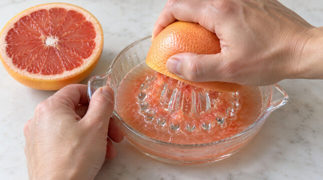 Manos exprimiendo medio pomelo sobre exprimidor de vidrio