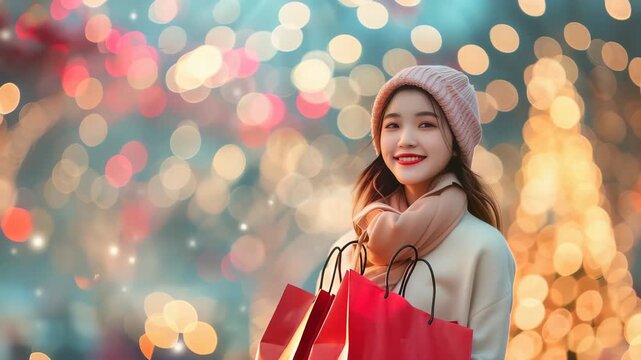 An Asian woman smiles, holding red shopping bags. She is wearing a winter hat and scarf with festive, blurry lights behind her, indicating the holidays or a winter shopping atmosphere.