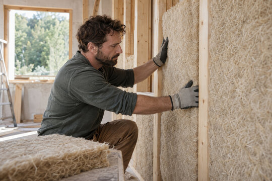 Carpenter Fitting Hemp Fiber Insulation Between Wall Studs
