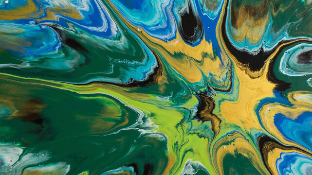 Abstract swirling green and gold acrylic paint with fluid motion and organic patterns