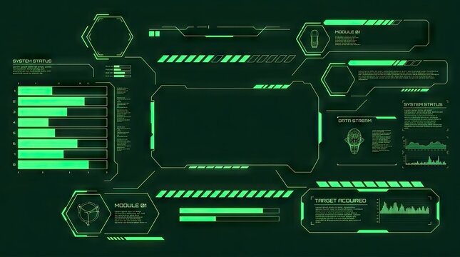 Green scifi dashboard with technical charts and data.