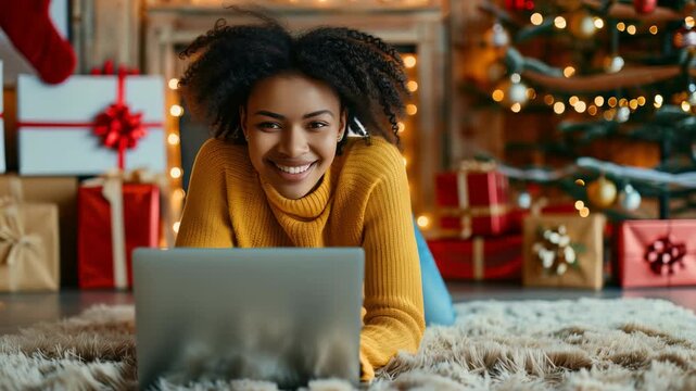 A young woman is beaming while lying on a fluffy rug and using her laptop. She's surrounded by holiday gifts and a beautifully decorated Christmas tree, creating a cozy and cheerful atmosphere.