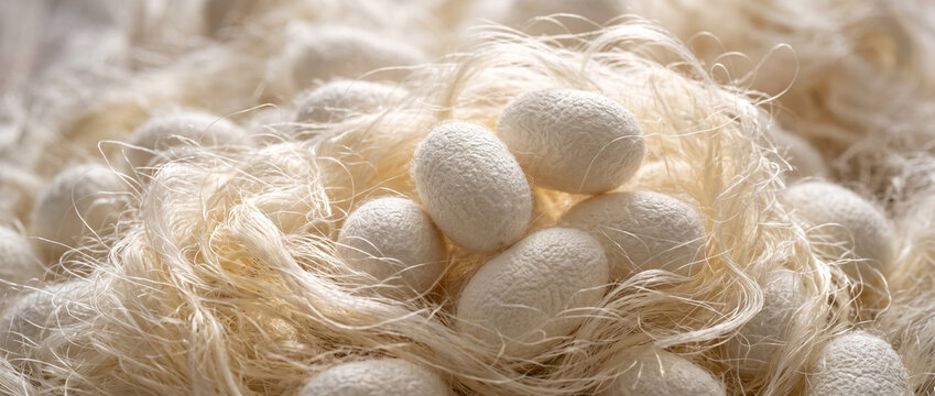 Silkworm cocoons piled together on a textured surface  