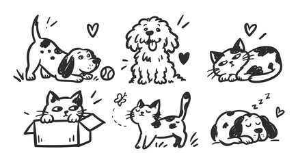 Obraz premium Cute hand drawn cats and dogs doodle set playing sleeping and resting line art