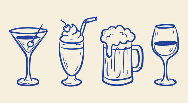 Hand drawn bar drinks doodle icons with martini milkshake beer mug and wine glass