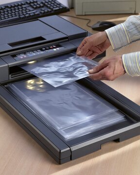 Clerk placing a document scan sleeve onto a flatbed scanner in office