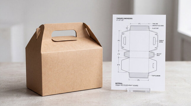 Brown kraft paper gable box mockup with blueprint technical diagram sheet