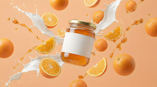 Glass jar of orange jam with fresh sliced oranges and milk splash on a pastel orange background