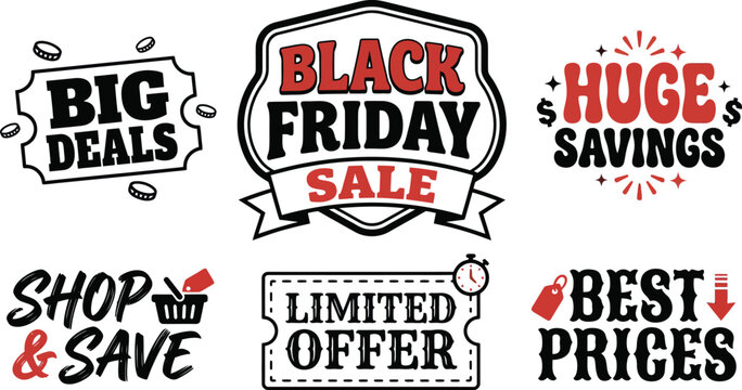 Set of creative black friday typography designs for retail marketing and seasonal promotional sales event banners