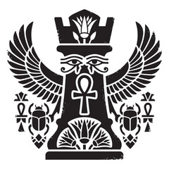 Fototapeta premium Symbolic Ancient Egyptian Hieroglyphic Illustration of a Chess Rook with Winged Ankh Eye of Horus Scarab Beetle and Papyrus Lotus Motif