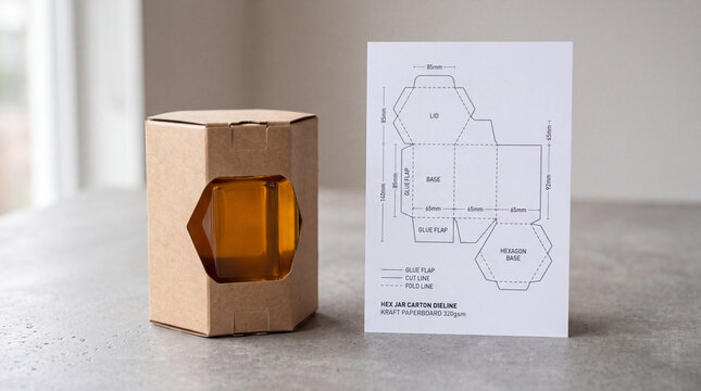 Kraft paperboard hexagon box with window and technical packaging dieline