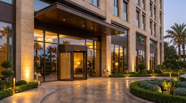 Modern hotel entrance with glass revolving doors and warm evening lighting at a luxury resort property