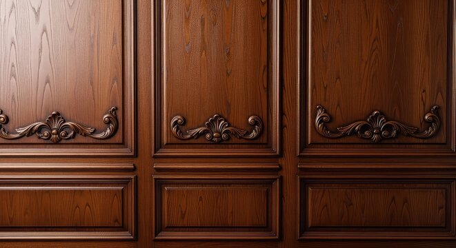 Intricate carvings on a dark brown wooden wall paneling provide a classic vintage background with aged textures and decorative mouldings, relief, luxury, woodwork