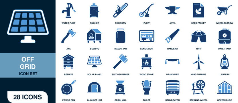 Set of 28 off grid living icons featuring sustainable energy, survival tools, and selfsufficient lifestyle equipment in a flat blue design style