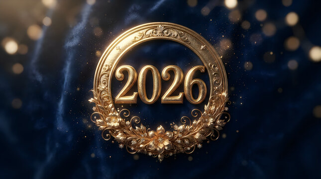 Golden 2026 number sign with floral frame on a dark background for new year celebration