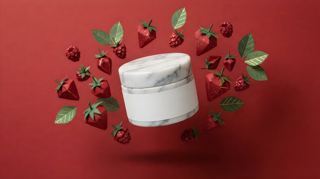 Cosmetic face cream jar with strawberry fruit and green leaves floating on a dark red background