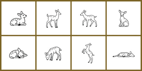 Fototapeta premium Minimalist deer fawn line art icons, set of 8 baby deer vector illustrations, simple woodland animal sketches for nursery decor