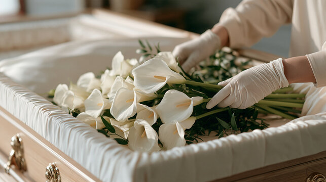 Close up of a mortuary worker's gloved hands arranging white calla lilies inside a satin lined casket interior, funeral preparation detail, casket floral arrangement, professional