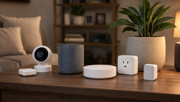Smart home security camera smart speaker and automation sensors arranged on a wooden table with smart plug smart hub automation devices connected home iot technology wireless sensor