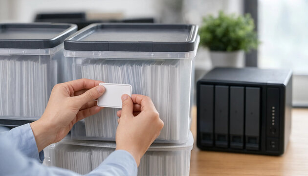 Person applying label to clear plastic storage container filled with hanging file folders near modern server equipment storage box office organization filing system server rack nas device