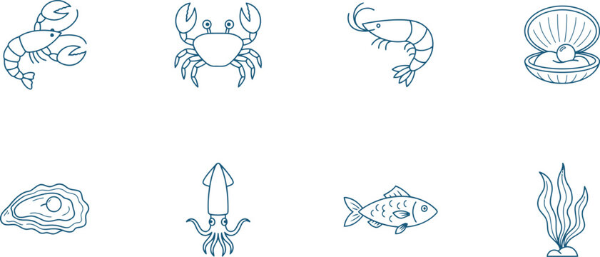 Minimalist seafood line icons set, blue ocean animal vector illustrations, 8 nautical food elements for restaurant menus