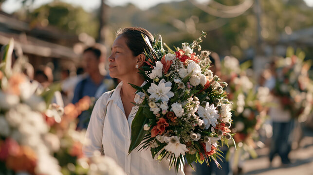 A Filipino family carrying large handmade floral wreaths through a village street toward a church for a nine day novena mourning service, traditional Catholic bereavement