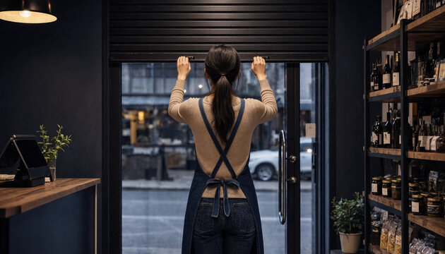 Woman wearing apron closing roller shutter door of a small shop or cafe from inside with store owner retail business shop interior business end working woman evening routine retail worker