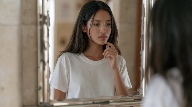 Colombian teenage girl standing in front of a cracked bathroom mirror, tracing her own reflection with one fingertip, self-identity exploration, body image awareness, adolescent