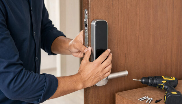 Technician installing a silver smart electronic door lock on a wooden interior door with door handle home improvement security system access control digital lock keyless entry technician