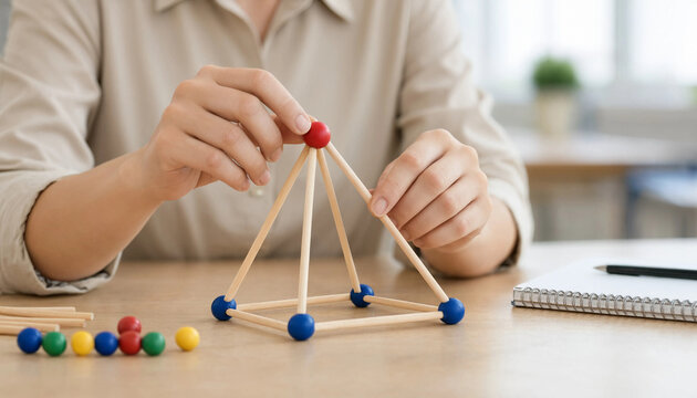 Person building geometric pyramid model with wooden sticks and colorful beads at wooden table pyramid structure educational toy hands building stem learning craft project math model