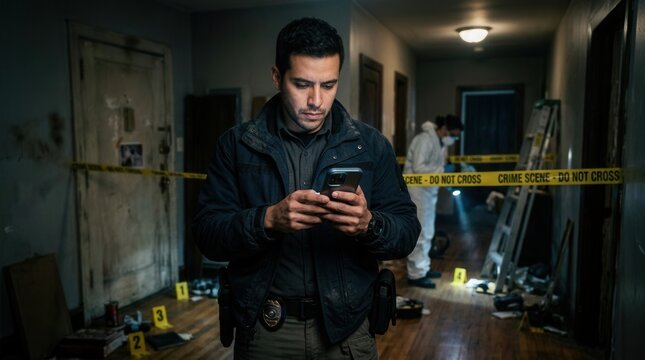 Detective Investigating Crime Scene Using Mobile Device Inside Building