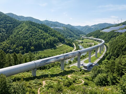 A futuristic high-speed hyperloop pod travels through an elevated tube in a lush mountainous landscape powered by wind turbines and solar panels.