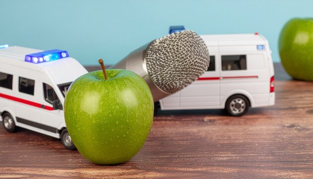 Toy miniature ambulance van, green apple and microphone on a wooden surface.