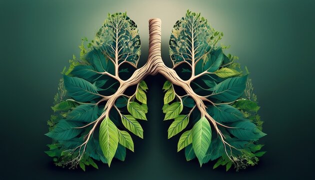 healthy lung with green leaves versus diseased lung with tree branches concept