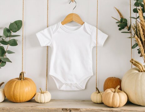 White baby bodysuit romper Mock up with Autumn fall Pumpkin Halloween background