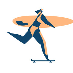 Fototapeta premium Surfer woman surfboard skateboard detailed silhouette summer